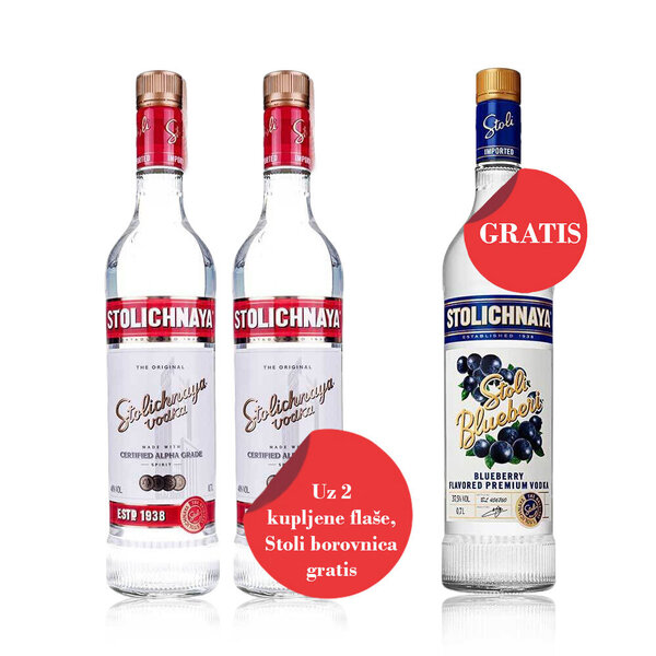 AKCIJA Stolichnaya vodka 40% 0.7L, za dve kupljene, Stoli BLUEBERI gratis