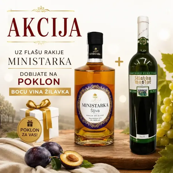 Akcija rakija MINISTARKA šljiva + vino Žilavka 