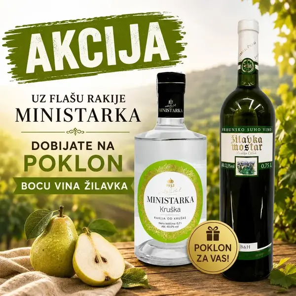 Akcija rakija MINISTARKA kruška + vino Žilavka 