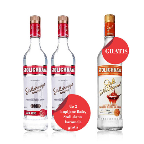 AKCIJA Stolichnaya vodka 40% 0.7L, za dve kupljene, Stoli SALTED KARAMEL gratis