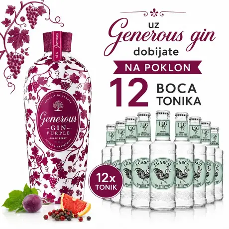 Akcija za GIN tonik: Generous purple gin + 12 boca J.gasco dry bitter tonic